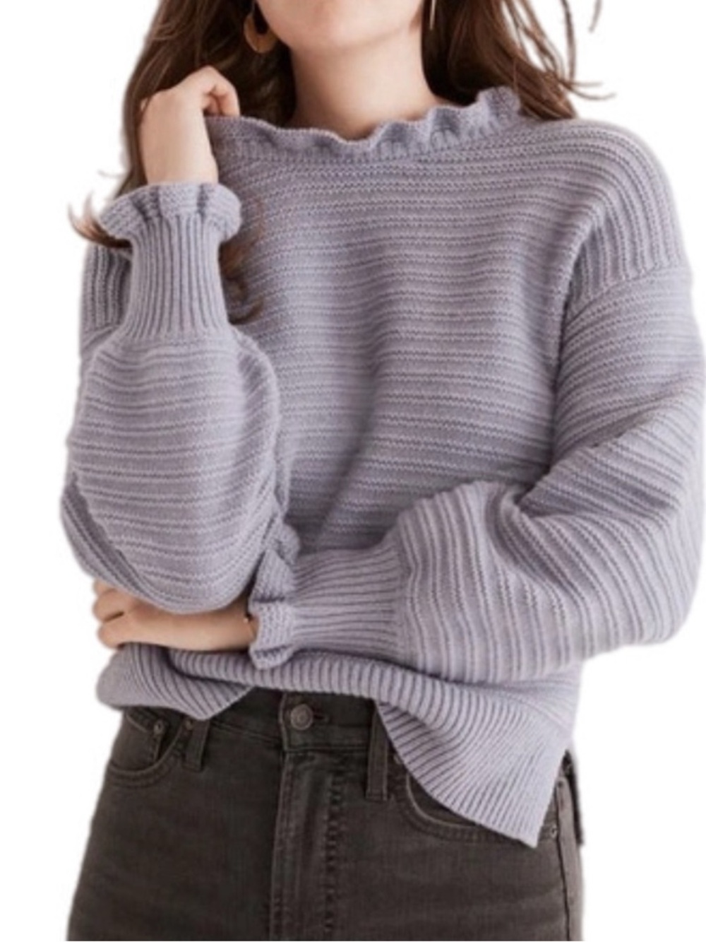 Madewell Ruffle Accent Periwinkle Blue Ribbed Sweater Cotton Merino Wool Large